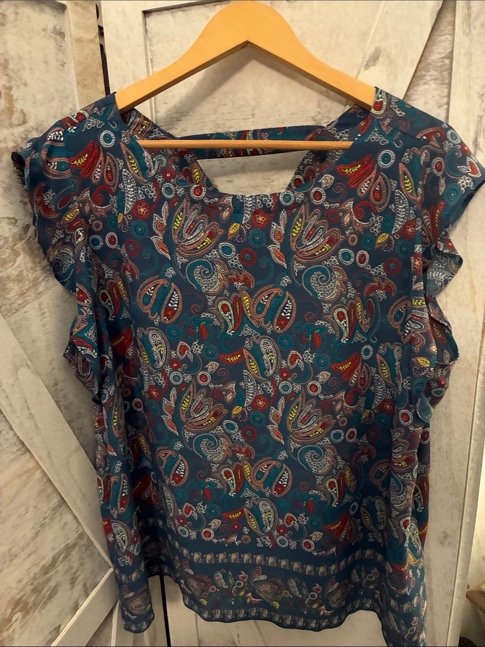 LOFT Teal Paisley Ruffle Sleeve Blouse